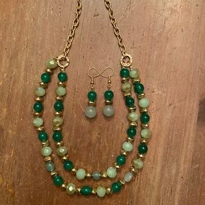 Green Beaded Necklace and Earrings Set